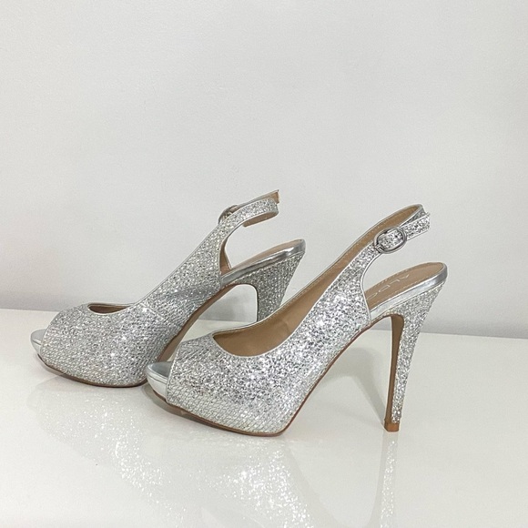 Aldo Silver Glitter Peep Toe Heels - Picture 4 of 11
